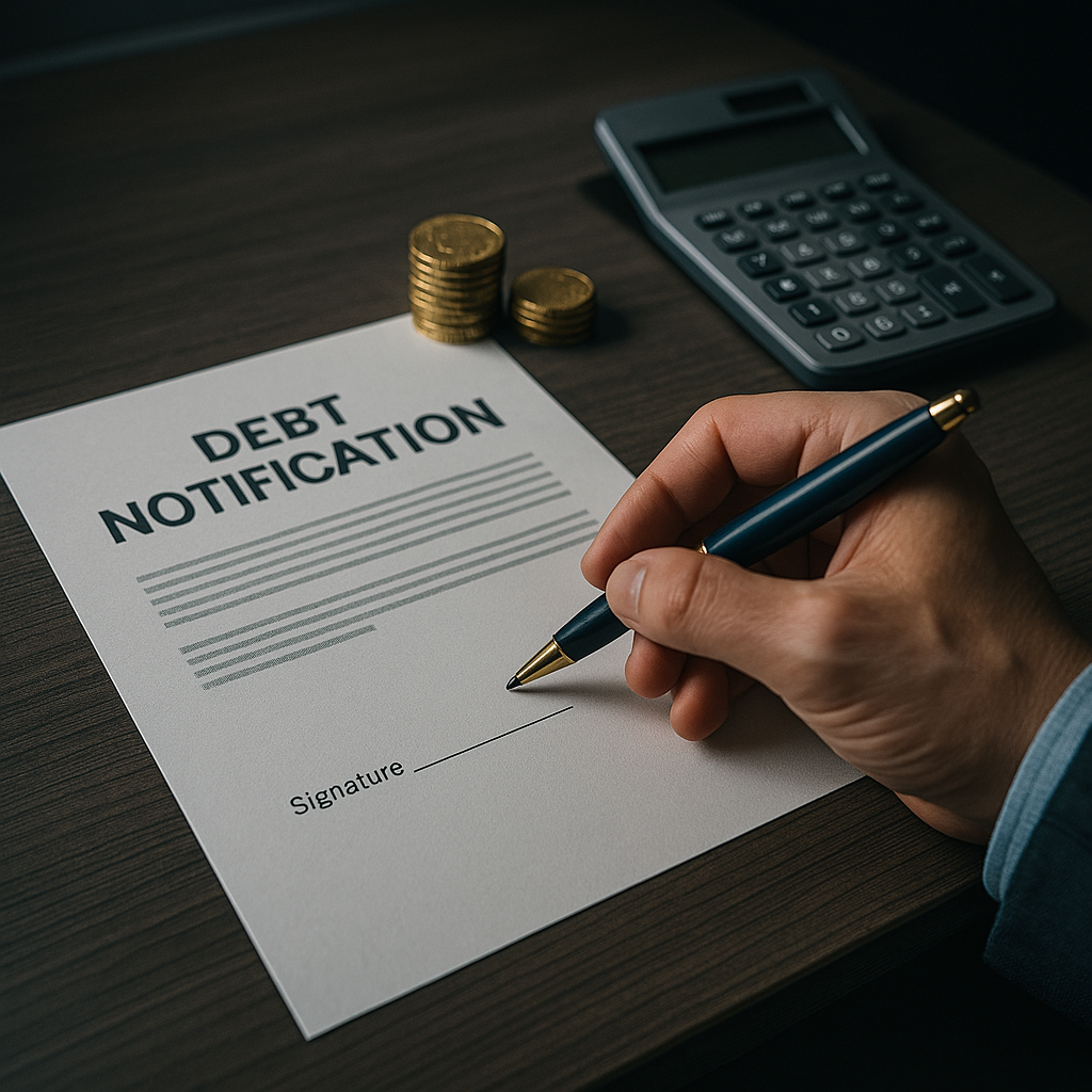 Mão masculina prestes a assinar uma 'Notificação de Dívida' com uma caneta, sobre uma secretária onde repousam pilhas de moedas douradas e uma calculadora. Conceito visual de Cobrança de Dívida, recuperação de crédito, processos executivos e gestão financeira.