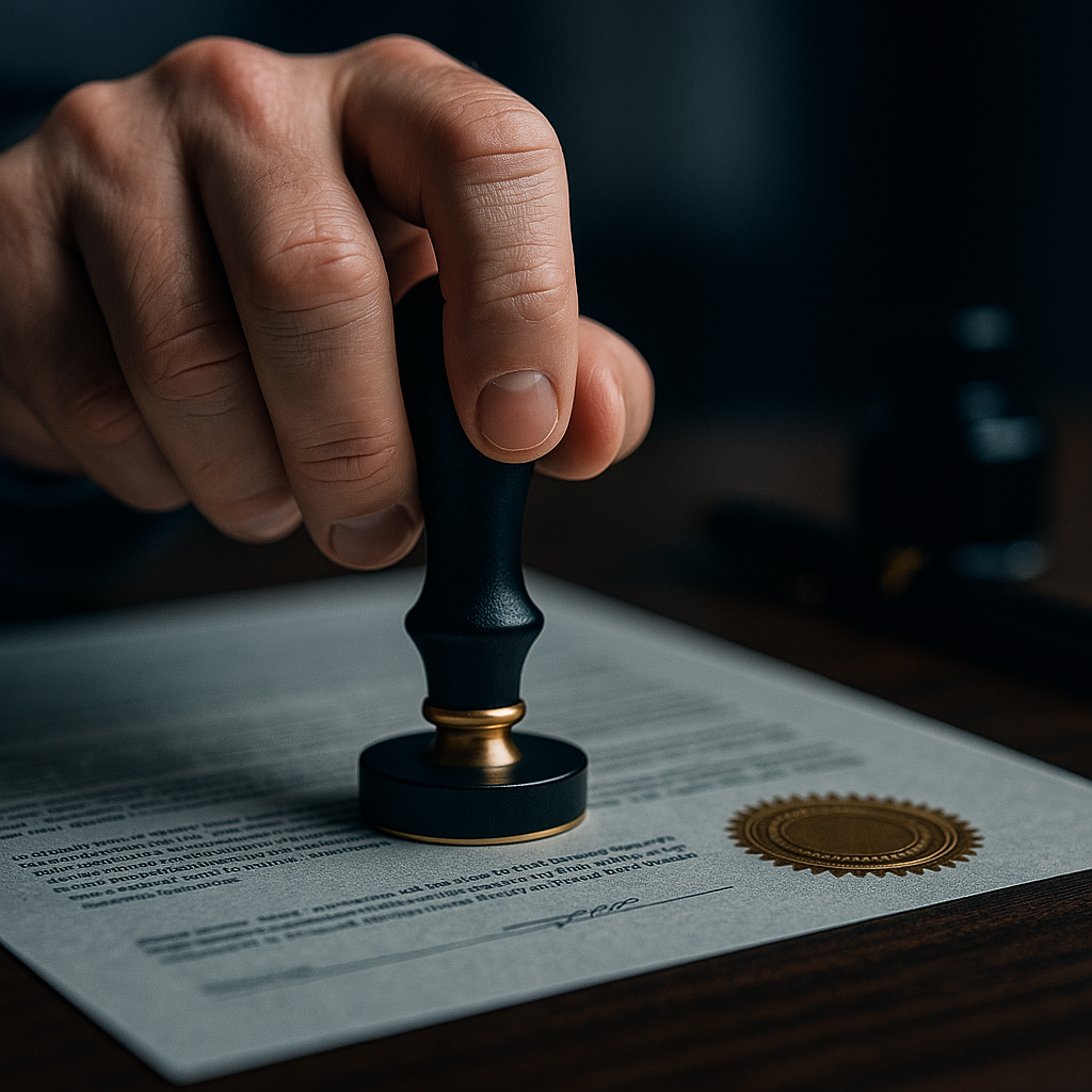 Close-up de mão a aplicar um carimbo de notário com selo dourado num documento formal importante sobre uma secretária de madeira escura, em ambiente de cartório. Simboliza Direito Notarial, autenticação de documentos, escrituras, testamentos e serviços notariais.